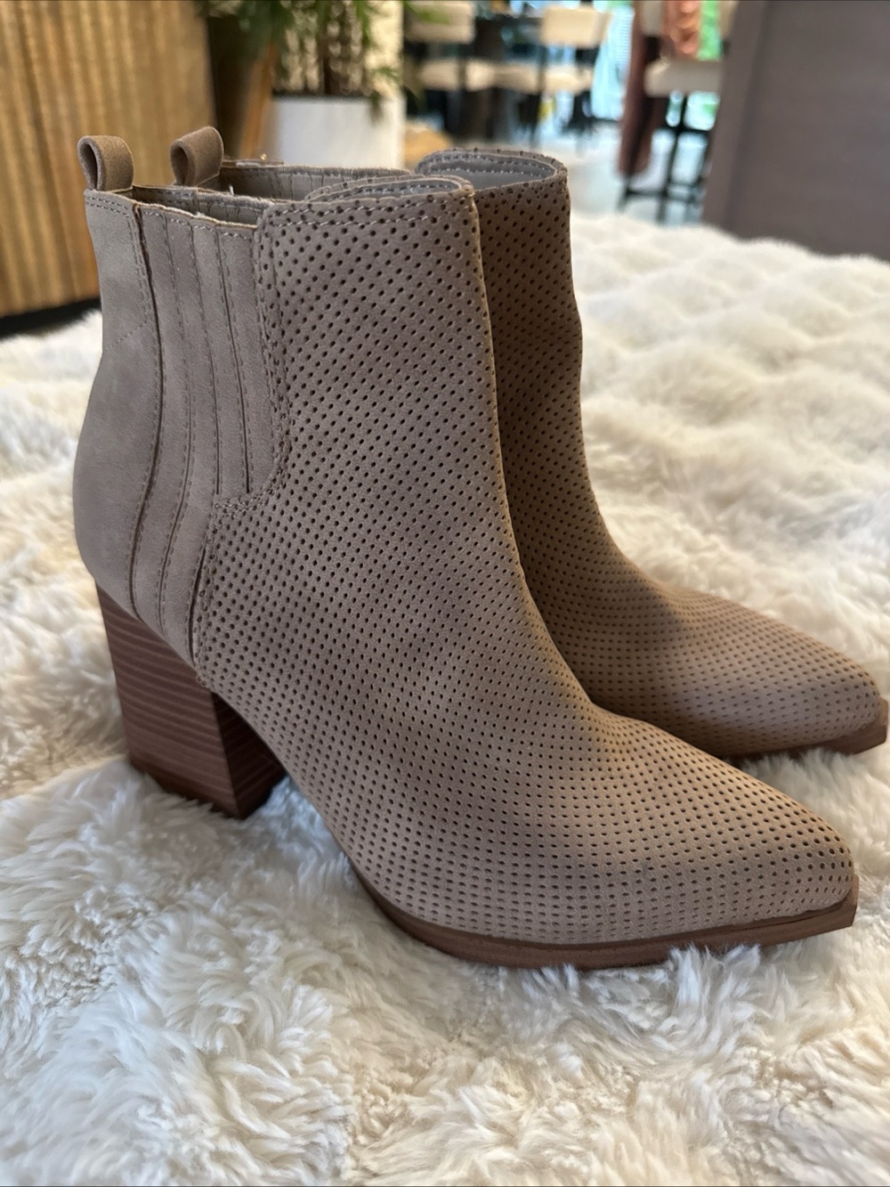 Indigo Taupe Perforated Block Heel Ankle Boots